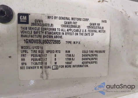 2005 Chevrolet Uplander из США, поврежденный, VIN 1GNDV03L95D272885